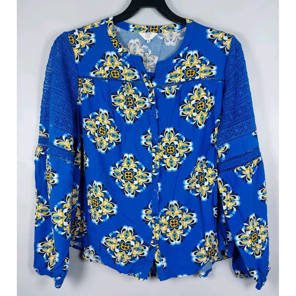 Crown & Ivy Floral Crochet Blouse Womens 2X Blue Long Sleeve Round Neck Button